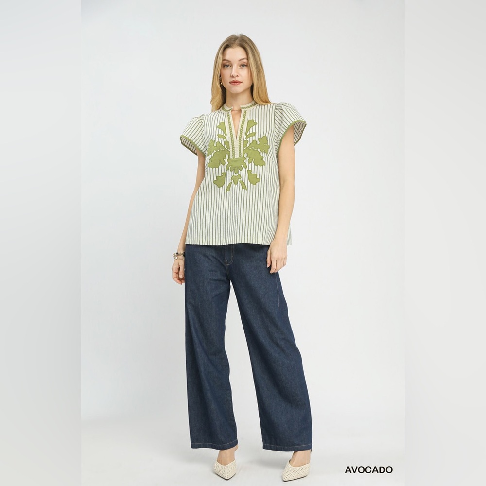 Umgee V-Neck Stripe Embroidered Top with Lace Trim - Picture 2 of 9
